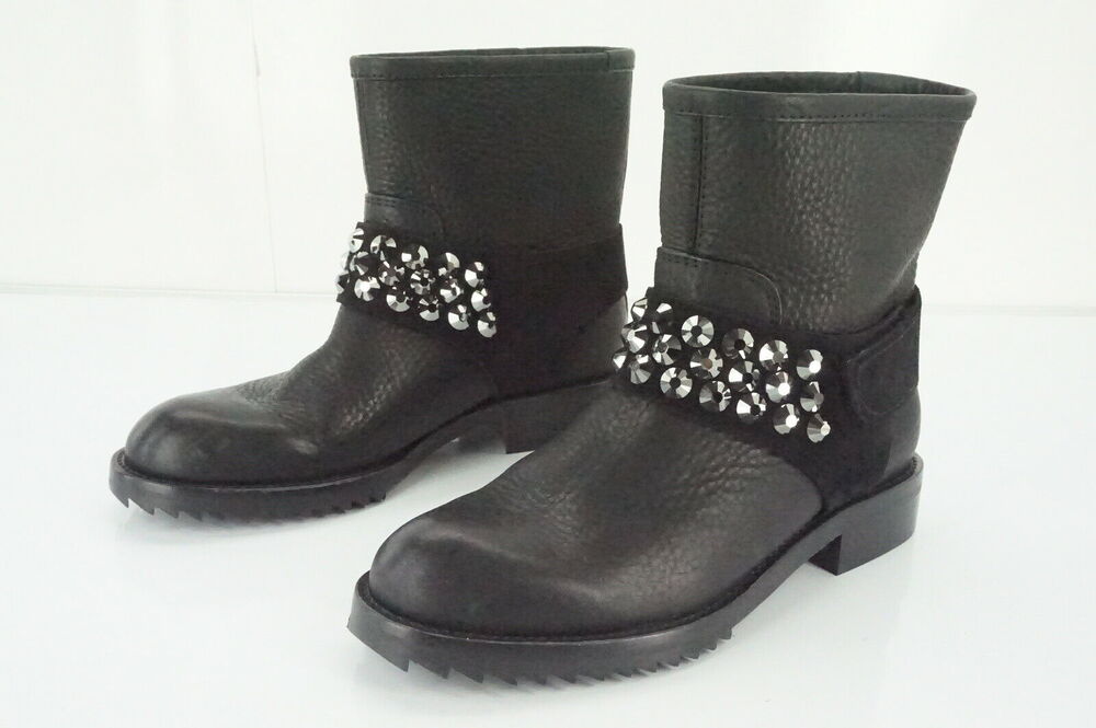Pedro Garcia Black Leather Kian Crystal Spike Ankle Biker Boots Sz 35.5